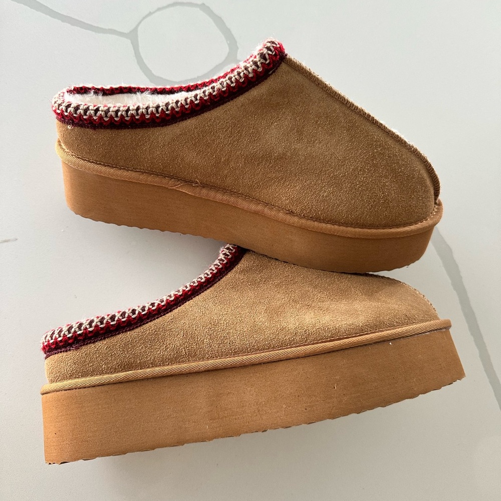 Serra Tan Suede Platform Mules with Red Trim